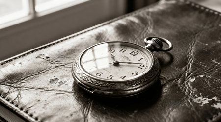 This image showcases a vintage aesthetic through the use of monochrome tones and high contrast, capturing the essence of professional still life photography. Ideal for editorial use in design magazines, historical articles, or as part of a thematic collection for art enthusiasts. The detailed texture of the leather surface adds depth and character, making it a valuable asset for creative projects. AI-generated illustration.の素材