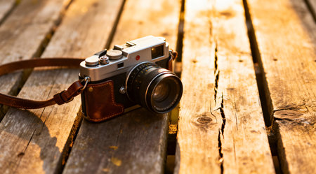 This image captures a nostalgic and creative photography style through the use of soft, warm lighting and a textured wooden surface. Ideal for projects focusing on vintage aesthetics, photography themes, or retro design. The artistic execution enhances the appeal for graphic designers and photographers looking for unique visual elements. AI-generated illustration.の素材