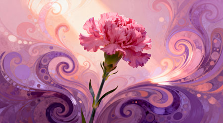 The illustration showcases a blend of floral artistry and abstract design, characterized by soft lighting and a harmonious color scheme. Ideal for creative projects in the fields of graphic design, home decor, and fashion, this piece can enhance the aesthetic of invitations, textiles, or digital art portfolios. Its unique swirling patterns add a modern twist to traditional floral art, making it a versatile choice for artists and designers. AI-generated illustration.の素材