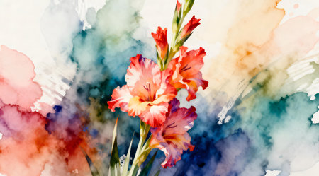 This illustration showcases a fusion of traditional watercolor techniques with modern digital art, resulting in a soft focus and vibrant color palette. Ideal for creative projects in the floral design industry, such as wedding invitations, botanical art prints, or home decor. The artistic approach adds a unique, handcrafted feel to digital media. AI-generated illustration.の素材