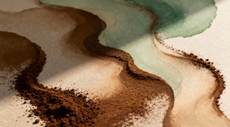 This illustration features a serene artistic style with a focus on the organic shapes and textures created through the use of coffee grounds. The earthy color palette and soft lighting contribute to a calming mood, making it ideal for wellness blogs, relaxation apps, or as part of nature-inspired design projects. The unique approach to using everyday materials elevates the visual interest and appeal. AI-generated illustration.の素材