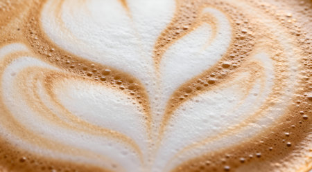 This illustration showcases an elegant artistic approach with soft lighting that enhances the sophisticated mood. Ideal for use in culinary blogs, cafe menus, or as part of a barista training manual to illustrate the art of coffee foam design. The delicate style appeals to coffee enthusiasts and design aficionados alike. AI-generated illustration.の素材