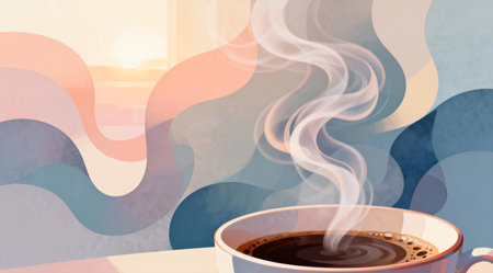 The illustration captures a serene and artistic mood through the use of soft pastel hues and delicate swirling patterns. Ideal for use in wellness blogs, morning routine articles, or as a calming visual for meditation apps. The gentle light adds a tranquil ambiance, making it perfect for spa and relaxation themes. AI-generated illustration.の素材
