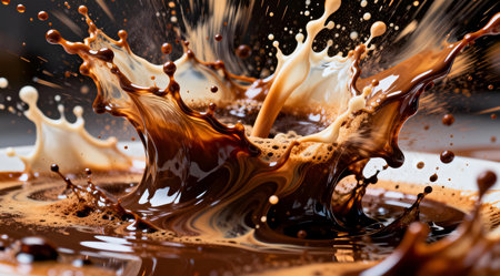 This illustration captures an energetic style with a lively mood, ideal for dynamic art projects and creative designs. Its vibrant color palette and artistic splatter technique make it suitable for modern decor, print media, and digital art showcases. The bold execution adds a unique flair to any project. AI-generated illustration.の素材