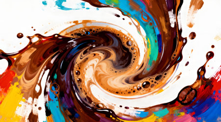 This illustration employs a bold and energetic style with a fluid, abstract approach to convey movement and vitality. Ideal for use in creative projects related to caffeine culture, such as coffee shop menus, barista training materials, or modern art exhibitions. The vibrant color palette and dynamic composition make it a standout piece for designers seeking to inject energy into their work. AI-generated illustration.の素材