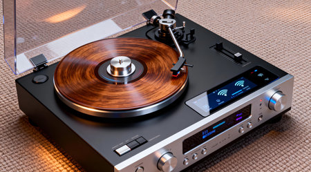 This illustration showcases a blend of retro and futuristic styles through a detailed depiction of audio technology. It's ideal for tech blogs, music-themed websites, and innovative product design showcases. The soft backlighting adds a nostalgic yet modern ambiance, enhancing its appeal for creative projects. AI-generated illustration.の素材