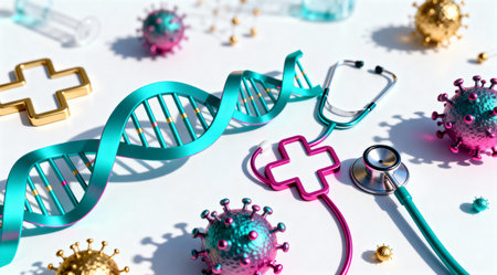 A creative digital illustration depicting Professional stock photo of abstract medical symbols in vibrant colors, studio lighting, clean and modern composition, digital art style. This AI-generated artwork features unique visual elements suitable for various commercial and editorial applications. AI-generated illustration.の素材