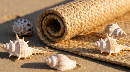 Coastal-themed digital illustration employing subtle gradient lighting and intricate texture mapping to evoke tranquil seaside vibes. Suited for interior designers showcasing natural fiber furnishings, e-commerce listings for eco-friendly home goods, resort decor catalogs, and lifestyle blogs promoting beach-inspired living. Precise layer blending and color harmony p... AI-generated illustration.の素材