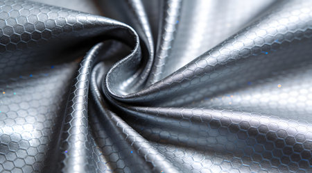 Futuristic digital rendering featuring sleek metallic gradients and dynamic glow accents, conveying advanced durability and innovative strength. Ideal for tech prototypes in apparel, protective gear, aerospace components, and material science visuals targeting engineers, designers, and sci-fi creators. Precision texture simulation offers versatility for digital mocku... AI-generated illustration.の素材