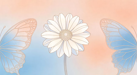 A creative digital illustration depicting Delicate geometric daisy with precise linework amid butterfly-wing inspired textures, gentle breeze light, soft peach and sky blue, elegant nature wallpaper. This AI-generated artwork features unique visual elements suitable for various commercial and editorial applications. AI-generated illustration.の素材