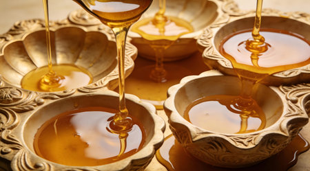 A creative digital illustration depicting Stock image of viscous golden honey pooling in sculpted basins, form emphasis, overhead even light, opulent textures. This AI-generated artwork features unique visual elements suitable for various commercial and editorial applications. AI-generated illustration.の素材