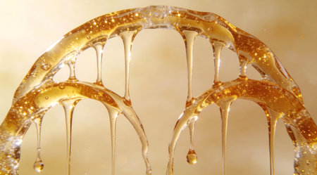 A creative digital illustration depicting Abstract honey cascades frozen in elegant arches, arched composition, high-key lighting, sparkling gold highlights. This AI-generated artwork features unique visual elements suitable for various commercial and editorial applications. AI-generated illustration.の素材