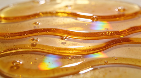 A creative digital illustration depicting High resolution stock photo of layered honey pools reflecting light prismatically, top-down composition, even studio illumination, opulent amber shades. This AI-generated artwork features unique visual elements suitable for various commercial and editorial applications. AI-generated illustration.の素材