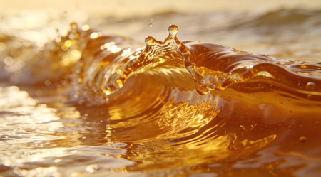 A creative digital illustration depicting Stock photo of molten honey texturing into wave crests, surf-like abstraction, side lighting for depth, warm commercial appeal. This AI-generated artwork features unique visual elements suitable for various commercial and editorial applications. AI-generated illustration.の素材