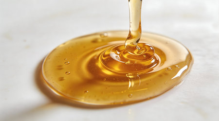 A creative digital illustration depicting High quality commercial image of viscous honey forming swirling patterns on a smooth white surface, macro lens focus, gentle backlighting, luxurious golden hues, professional photography. This AI-generated artwork features unique visual elements suitable for various commercial and editorial applications. AI-generated illustration.の素材