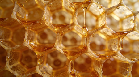 A creative digital illustration depicting Golden honey forming recursive honeycomb voids, intricate macro view, diffused overhead light, elegant commercial style. This AI-generated artwork features unique visual elements suitable for various commercial and editorial applications. AI-generated illustration.の素材
