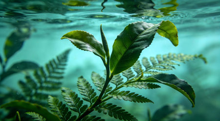 A creative digital illustration depicting Professional stock image of tea leaves unfurling into aquatic fern patterns in water, submerged ethereal view, turquoise filtered light, deep greens and watery transparents. This AI-generated artwork features unique visual elements suitable for various commercial and editorial applications. AI-generated illustration.の素材