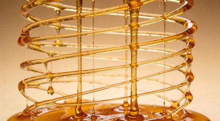 A creative digital illustration depicting Abstract stock photo of honey dripping in golden threads forming intricate webs, slow motion capture effect, warm ambient lighting, luxurious amber and honey shades, professional culinary abstraction. This AI-generated artwork features unique visual elements suitable for various commercial and editorial applications. AI-generated illustration.の素材