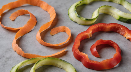 A creative digital illustration depicting High quality image of vegetable peels curling into organic wave patterns on neutral gray surface, soft diffused light, earthy greens oranges and reds, commercial abstract food photography. This AI-generated artwork features unique visual elements suitable for various commercial and editorial applications. AI-generated illustration.の素材