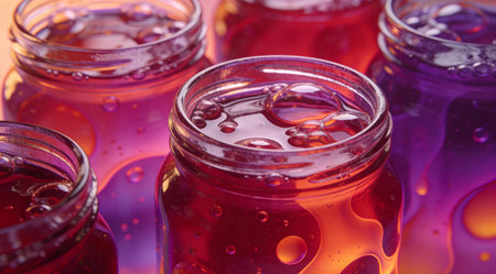 A creative digital illustration depicting Professional stock composition of jam jars overflowing into colorful lava lamp effects, bubbly fluidity, warm ambient lighting, berry reds and purple gradients, sweet abstraction. This AI-generated artwork features unique visual elements suitable for various commercial and editorial applications. AI-generated illustration.の素材