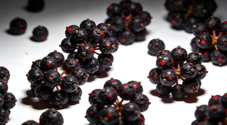 A creative digital illustration depicting Professional stock photo of peppercorn clusters forming cosmic clusters, black and red speckled tones, clustered macro view, spotlight dramatic lighting. This AI-generated artwork features unique visual elements suitable for various commercial and editorial applications. AI-generated illustration.の素材