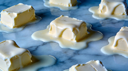 A creative digital illustration depicting Abstract image of butter pats melting into sculptural waves on chilled marble, glossy surfaces, cool blue lighting, pale yellows and subtle whites, refined dairy photography. This AI-generated artwork features unique visual elements suitable for various commercial and editorial applications. AI-generated illustration.の素材