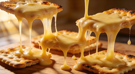 A creative digital illustration depicting High-end stock image of cheese melting into gooey ribbon trails over crackers, slow drip effect, golden hour glow, creamy yellows and toasts, elegant dairy art photography. This AI-generated artwork features unique visual elements suitable for various commercial and editorial applications. AI-generated illustration.の素材