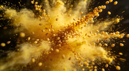 A creative digital illustration depicting High-end image of mustard seed explosions in yellow firework bursts, bright sulfur tones, radial energy composition, sharp professional focus. This AI-generated artwork features unique visual elements suitable for various commercial and editorial applications. AI-generated illustration.の素材