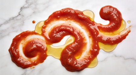 A creative digital illustration depicting Professional stock photo of swirling abstract patterns formed by vibrant tomato sauce and golden olive oil on a white marble surface, overhead view, soft studio lighting, high contrast colors, commerc. This AI-generated artwork features unique visual elements suitable for various commercial and editorial applications. AI-generated illustration.の素材