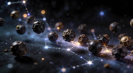 A creative digital illustration depicting Professional photography of peppercorns rolling into constellation starfields, dark backdrop, pinpoint studio lights, black pepper depths and spice highlights, cosmic spice art. This AI-generated artwork features unique visual elements suitable for various commercial and editorial applications. AI-generated illustration.の素材