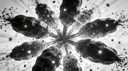 A creative digital illustration depicting Commercial image of seed pods bursting into starry abstractions, black and white with green accents, expansive radial design, backlit for depth, professional creative style. This AI-generated artwork features unique visual elements suitable for various commercial and editorial applications. AI-generated illustration.の素材