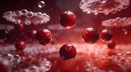 A creative digital illustration depicting Commercial stock photo of cranberry orbs floating in suspension fields, deep red spheres, levitated bubble arrays, ethereal backlit glow. This AI-generated artwork features unique visual elements suitable for various commercial and editorial applications. AI-generated illustration.の素材