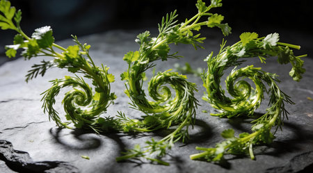 A creative digital illustration depicting Studio photography of fresh herbs twisting into spiral vortices on a slate backdrop, vibrant green tones, focused spotlight illumination, dynamic abstract food design, high quality composition. This AI-generated artwork features unique visual elements suitable for various commercial and editorial applications. AI-generated illustration.の素材