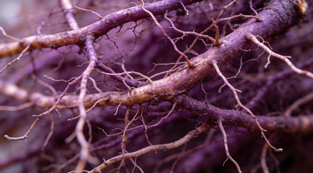 A creative digital illustration depicting High-resolution stock photo of vegetable root networks in fibrous abstract webs, deep purple and brown tones, intricate close-up, diffused natural lighting simulation. This AI-generated artwork features unique visual elements suitable for various commercial and editorial applications. AI-generated illustration.の素材