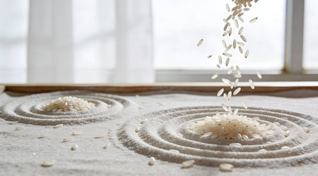 A creative digital illustration depicting High quality image of rice grains scattering into zen garden ripple designs, minimalist composition, natural window light, clean whites and subtle earth tones, serene food abstraction. This AI-generated artwork features unique visual elements suitable for various commercial and editorial applications. AI-generated illustration.の素材