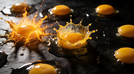 A creative digital illustration depicting Studio photography of egg yolks bursting into solar flare patterns on black surface, dramatic contrast, intense spotlight, vivid sunny yellows and deep shadows, artistic culinary burst. This AI-generated artwork features unique visual elements suitable for various commercial and editorial applications. AI-generated illustration.の素材