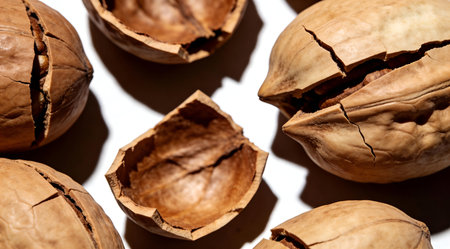 A creative digital illustration depicting Professional stock photo of nut shells cracking into geometric patterns, earthy brown and cream colors, angular composition, dramatic shadow play, commercial photography excellence. This AI-generated artwork features unique visual elements suitable for various commercial and editorial applications. AI-generated illustration.の素材