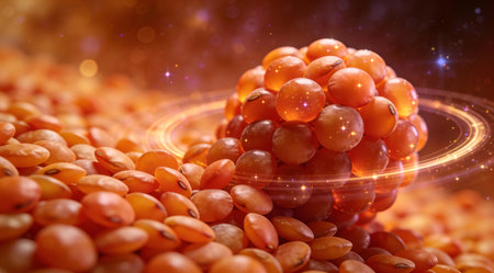 A creative digital illustration depicting High-resolution food photography of lentil spheres rolling into cluster galaxies, orange-red orbs, spherical aggregation, soft orbiting light. This AI-generated artwork features unique visual elements suitable for various commercial and editorial applications. AI-generated illustration.の素材