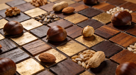 A creative digital illustration depicting Abstract composition of nuts and seeds forming mosaic tile patterns on dark wood, textured details, warm side lighting, rich browns golds and chestnuts, professional food art. This AI-generated artwork features unique visual elements suitable for various commercial and editorial applications. AI-generated illustration.の素材