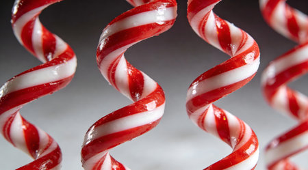 A creative digital illustration depicting Abstract high-end photo of candy cane stripes twisting into helix forms, red and white candy spirals, helical symmetry, vibrant side highlights. This AI-generated artwork features unique visual elements suitable for various commercial and editorial applications. AI-generated illustration.の素材