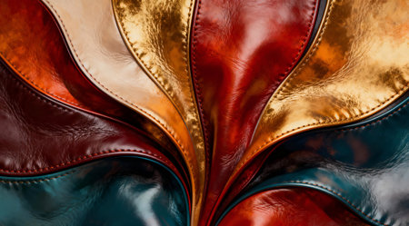 This piece showcases a bold and dynamic approach to abstract art, utilizing a fusion of modern digital techniques and traditional leather aesthetics. Its energetic composition and warm color scheme make it ideal for creative projects in fashion design, interior decor, or as a striking visual element in digital media. The intricate layering of textures adds depth and interest, enhancing its appeal for artists and designers seeking unique visual resources. AI-generated illustration.の素材