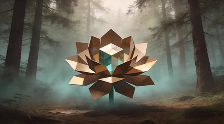 A creative digital illustration depicting Digital art of a multifaceted geometric blossom emerging from misty forest floor, cube and prism elements, earthy browns and teals, subtle volumetric lighting, tranquil nature mood. This AI-generated artwork features unique visual elements suitable for various commercial and editorial applications. AI-generated illustration.の素材