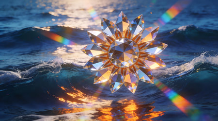 Dynamic digital artwork blending geometric faceting with refractive light effects to capture vibrant coastal moods through innovative prism techniques. Suited for high-resolution wallpapers, screensavers, website headers, or branding in marine design and wellness sectors targeting nature lovers and digital creators. Precise color layering and luminous wave simulation... AI-generated illustration.の素材
