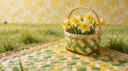 Intricate woven geometric style crafts a serene bucolic mood through layered textures and harmonious sunny tones in a digital composition. Ideal for pastoral wallpapers, spring desktop backgrounds, floral stationery, gardening blog headers, or home decor prints. This versatile artwork appeals to graphic designers, nature bloggers, and decor enthusiasts valuing unique... AI-generated illustration.の素材
