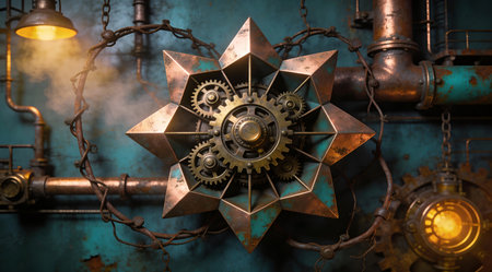 Fusion of geometric precision and mechanical complexity in a retro-industrial aesthetic, achieved through meticulous layering of metallic textures and atmospheric steam diffusion for depth and intrigue. Suited for retro-futuristic wallpapers, album covers, video game environments, apparel graphics, or thematic posters appealing to steampunk enthusiasts, graphic desig... AI-generated illustration.の素材