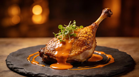 A creative digital illustration depicting Detailed commercial digital art of duck confit leg with orange gastrique and microgreens, rich savory depth, ambient glow. This AI-generated artwork features unique visual elements suitable for various commercial and editorial applications. AI-generated illustration.の素材