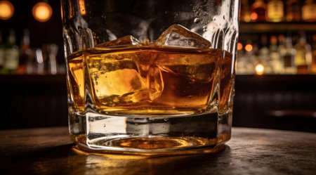 A creative digital illustration depicting High-end digital art of scotch neat in tumbler glass reflecting bar lights, peaty depth, low angle composition, moody elegance. This AI-generated artwork features unique visual elements suitable for various commercial and editorial applications. AI-generated illustration.の素材