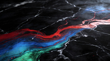 A creative digital illustration depicting Creative digital art of abstract luxury marble veins on black marble base, rich red streaks blending into blue and green hues, polished studio lighting, flawless commercial quality. This AI-generated artwork features unique visual elements suitable for various commercial and editorial applications. AI-generated illustration.の素材