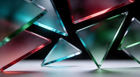 A creative digital illustration depicting High-quality commercial illustration featuring black background with 3D angular shards in ruby, turquoise, and forest green, luxury frosted glass effect, clean lighting. This AI-generated artwork features unique visual elements suitable for various commercial and editorial applications. AI-generated illustration.の素材