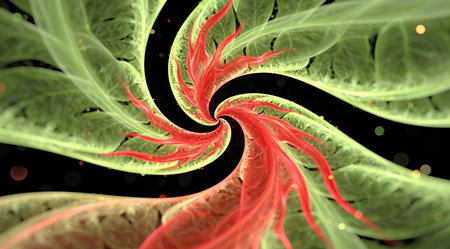 A creative digital illustration depicting Artistic abstract render of green foliage patterns morphing into red flames on black background, soft bokeh lighting, organic flowing composition, luxurious modern digital art. This AI-generated artwork features unique visual elements suitable for various commercial and editorial applications. AI-generated illustration.の素材